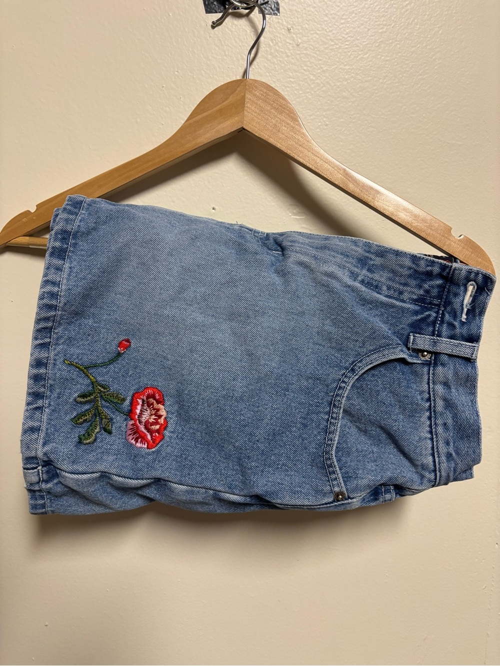 Route 66 Light Blue Denim Shorts with Red Floral Embroidery